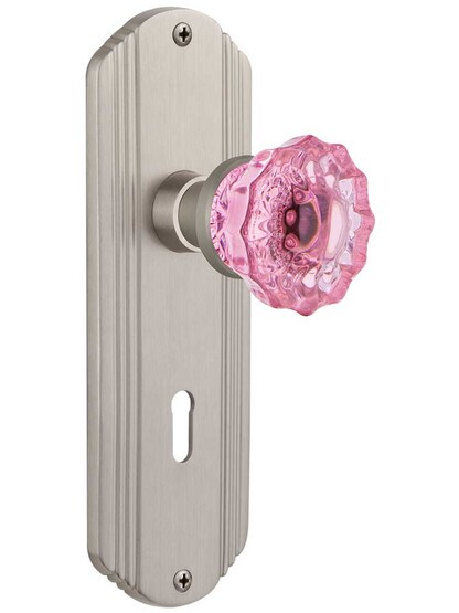 Streamline Deco Mortise Lock Set with Colored Fluted Crystal Glass Knobs Pink in Satin Nickel.